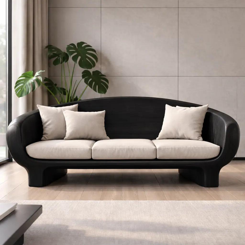 Modern Solid Oak Sofa with Curved Wooden Frame Minimalist Scandinavian Living Room Couch Kitchnce