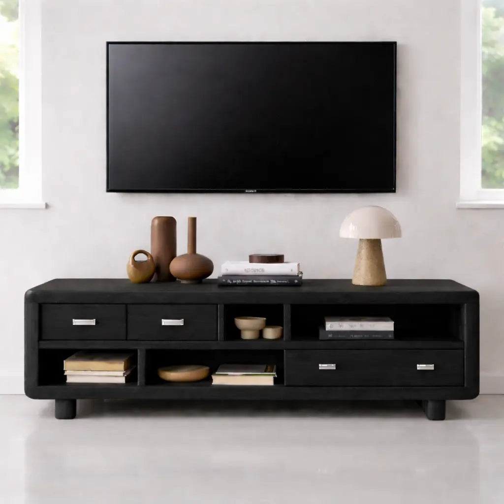 Solid Wood TV Stand with Drawers and Open Shelves Rustic Oak Media Console for Living Room Kitchnce