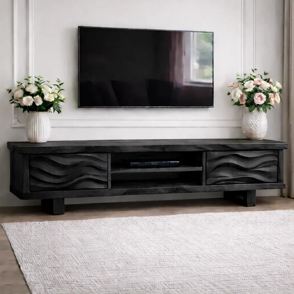 Solid Wood TV Stand with Wave Pattern Doors Modern Wooden Media Console for Living Room Kitchnce