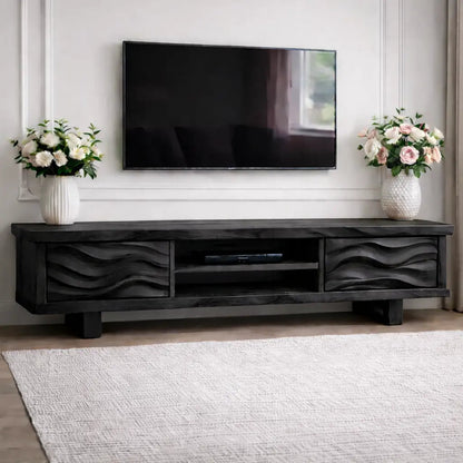 Solid Wood TV Stand with Wave Pattern Doors Modern Wooden Media Console for Living Room Kitchnce