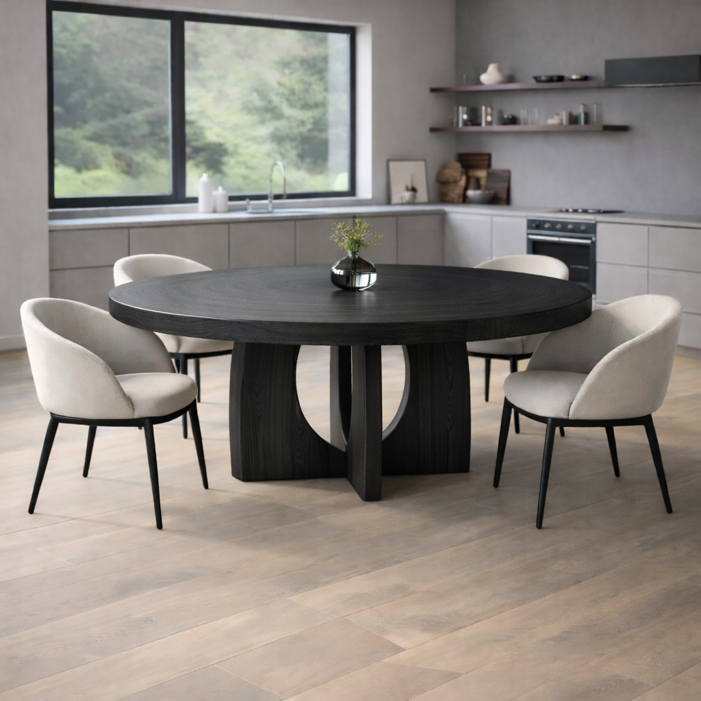 Round Solid Wood Dining Table with Sculptural Pedestal Base Modern Kitchen Table
