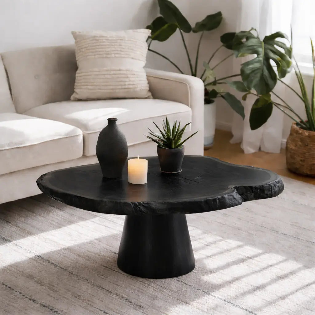 Live Edge Solid Wood Coffee Table for Living Room with Pedestal Base Kitchnce