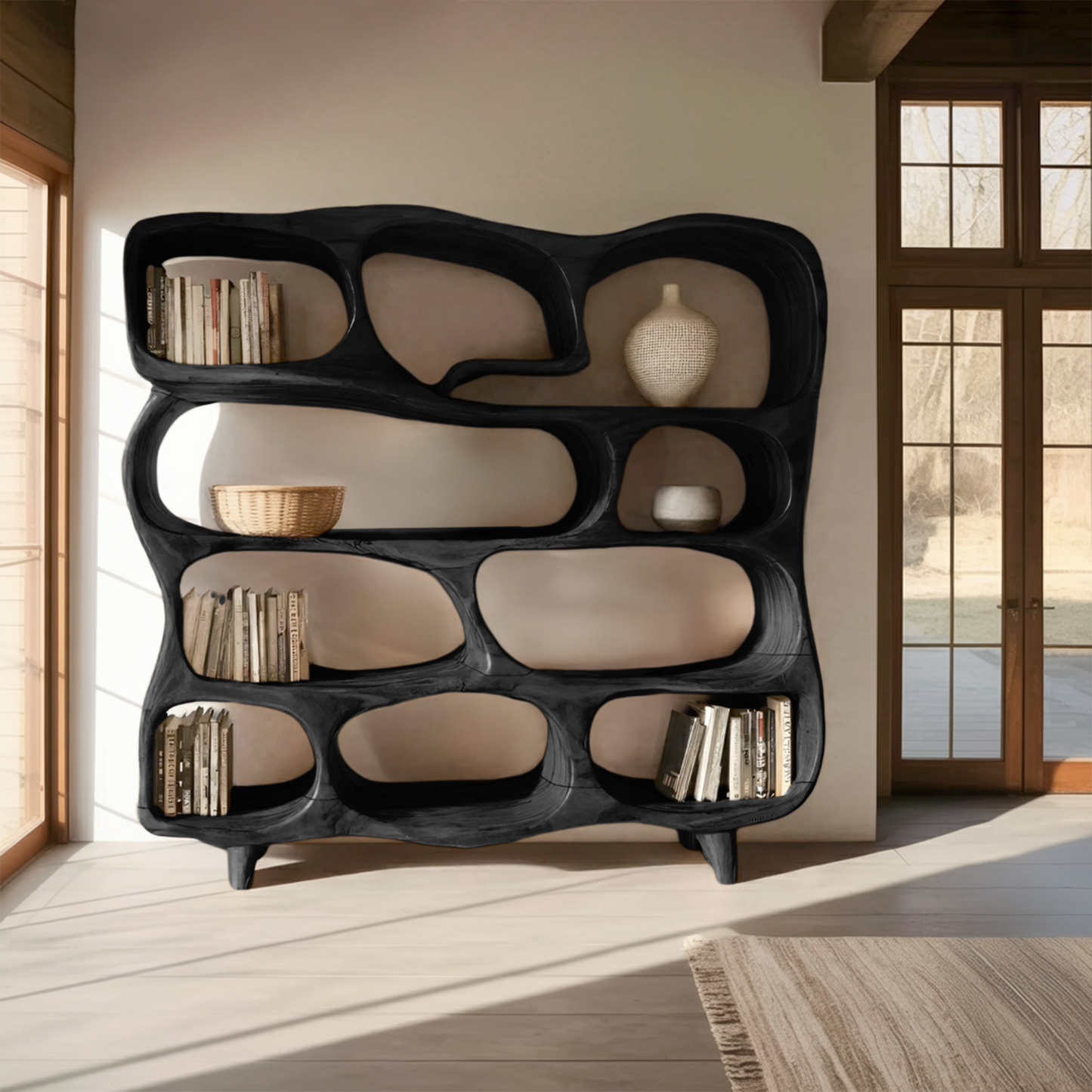 Modern Handcrafted Bookshelf With Curved Design For Living Room Kitchnce