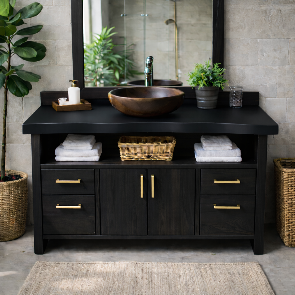 Live Edge Solid Wood Bathroom Vanity with Four Drawers, Double Cabinet Doors and Open Shelf Kitchnce