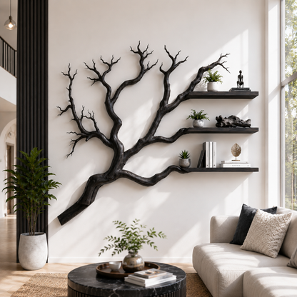 Handcrafted Solid Wood Branch Bookshelf with Floating Wall Shelves