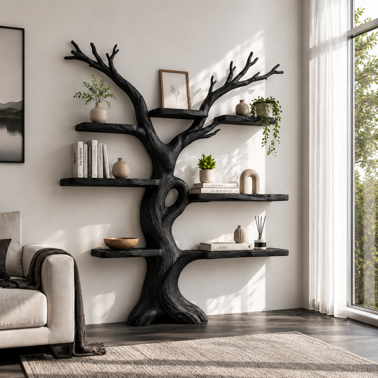 Handcrafted Solid Wood Tree Bookshelf with Asymmetrical Floating Shelves