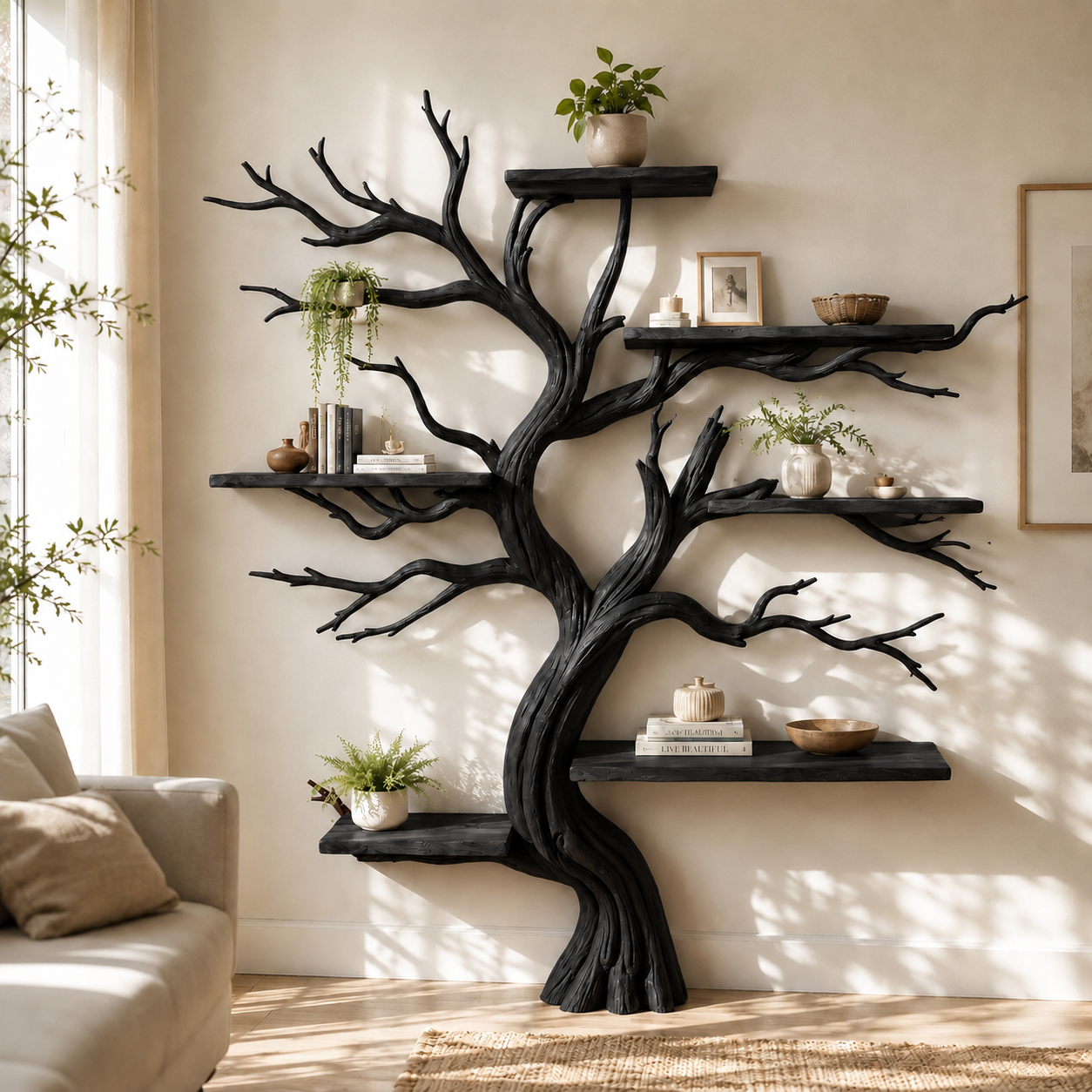 Handcrafted Solid Wood Tree Bookshelf with Twisting Sculptural Branches