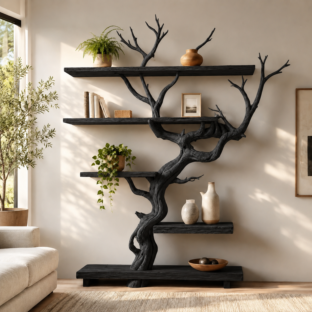 Handcrafted Solid Wood Tree Room Divider Bookshelf with Floating Shelves