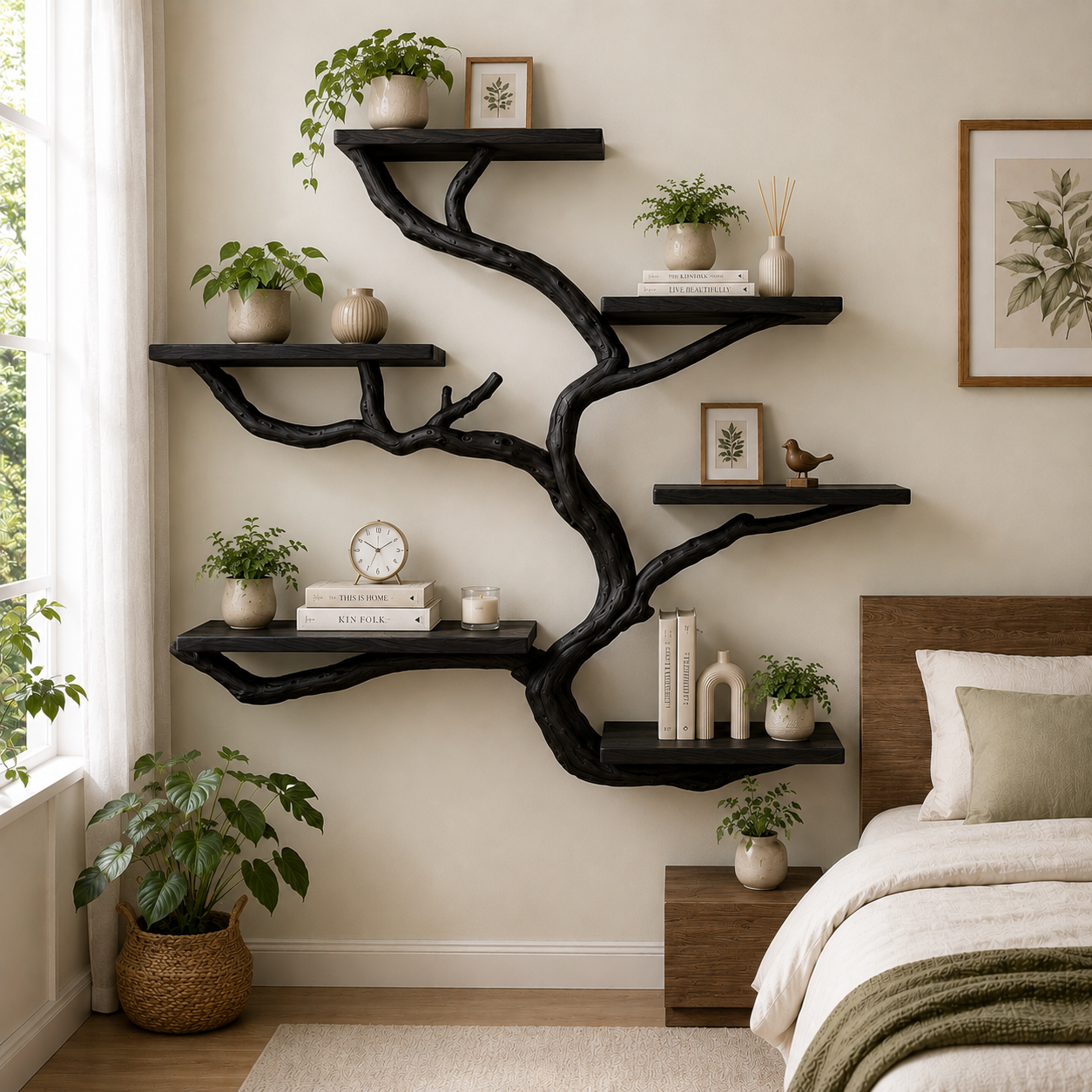 Handcrafted Solid Wood Tree Bookshelf with Curved Floating Shelves