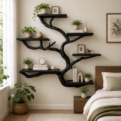 Handcrafted Solid Wood Tree Bookshelf with Curved Floating Shelves