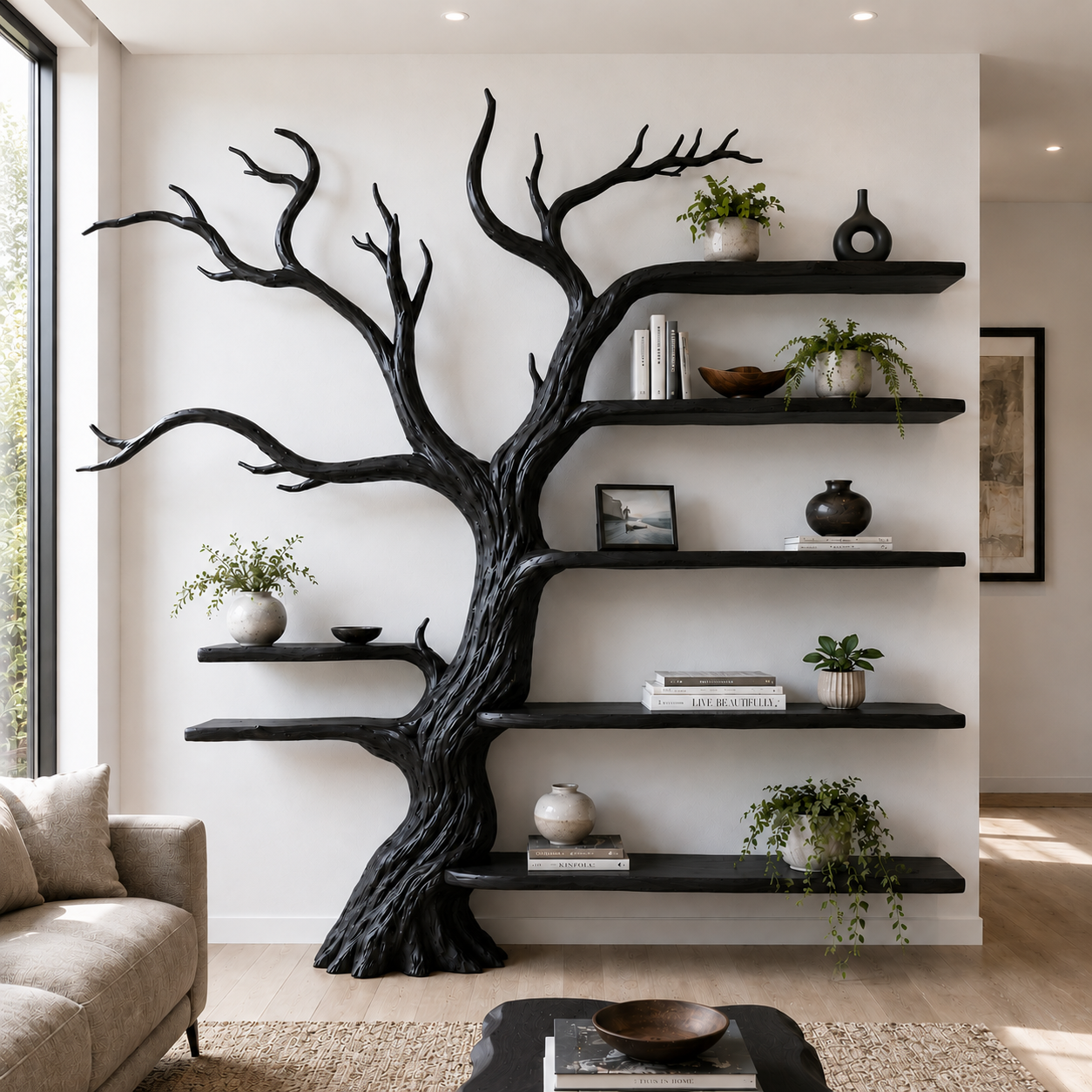 Handcrafted Solid Wood Tree Bookshelf with Open Floating Shelves
