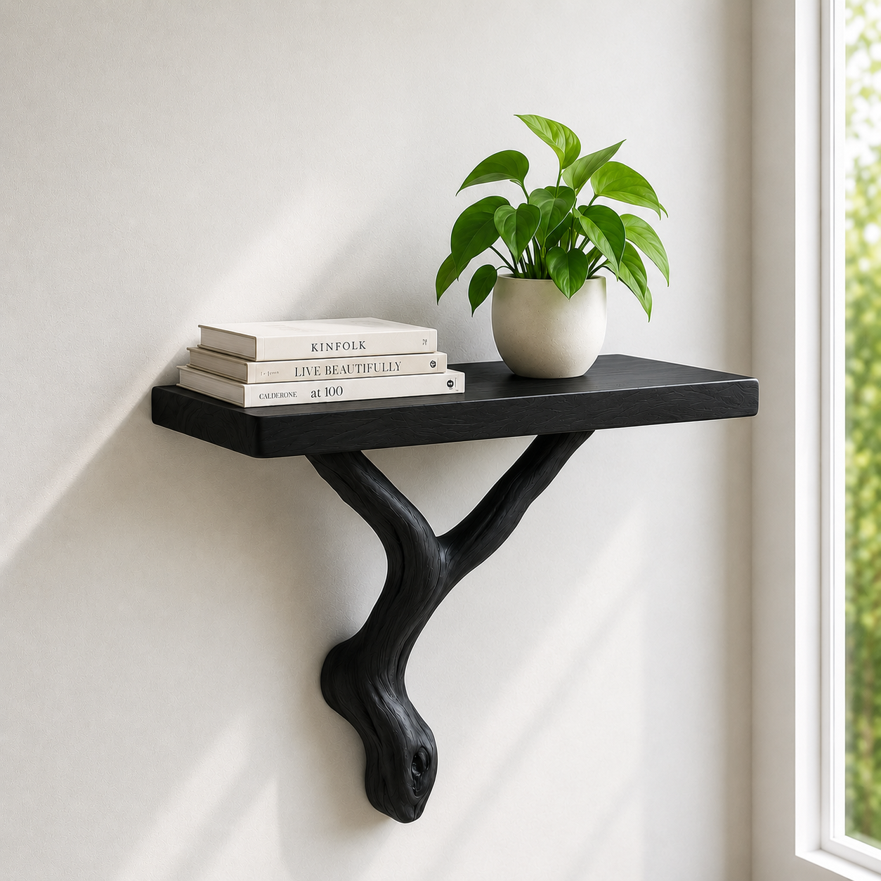 Handcrafted Solid Wood Floating Shelf with Organic Wood Bracket