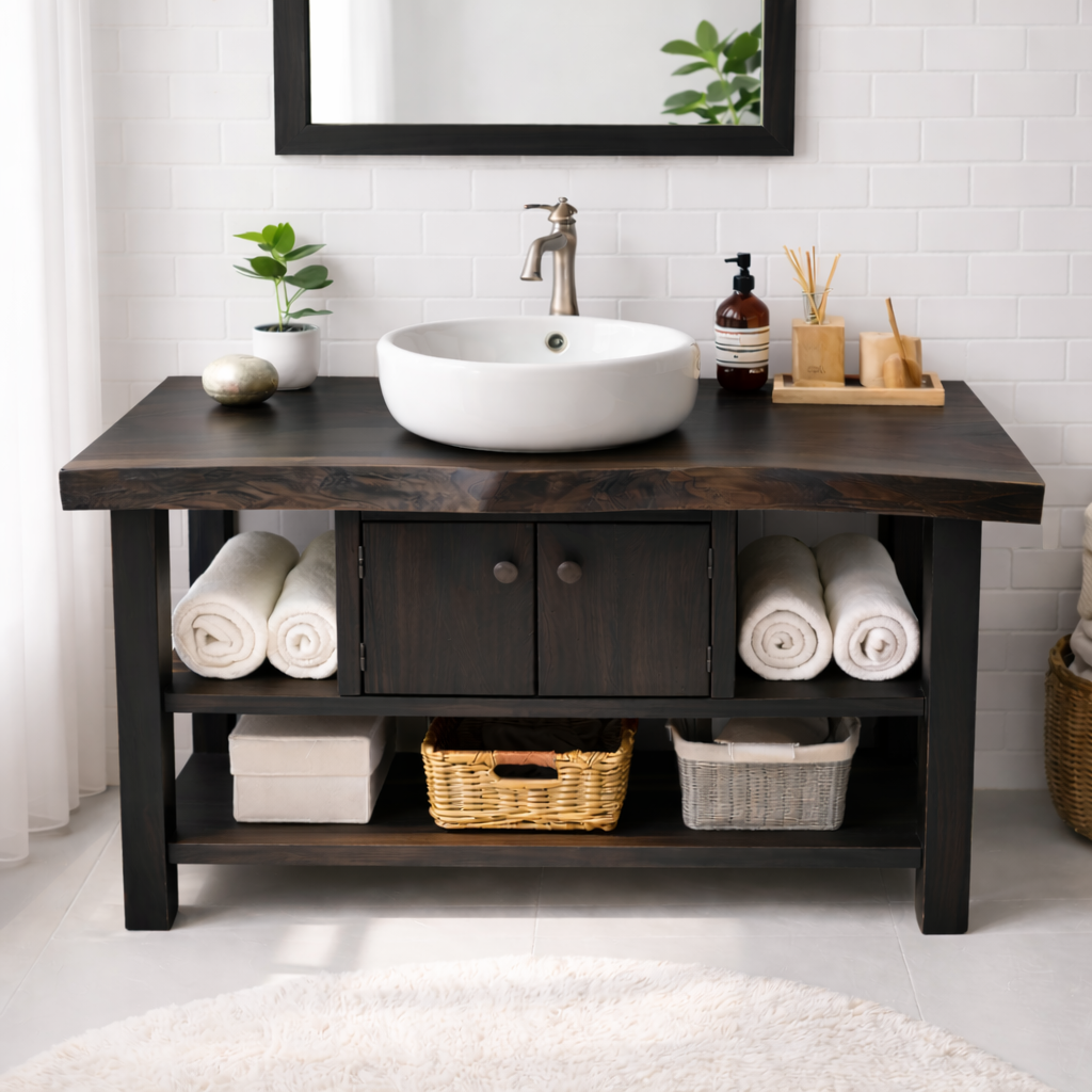Live Edge Solid Wood Bathroom Vanity with Open Shelves and Storage Cabinet – Rustic Modern Bathroom Vanity Kitchnce