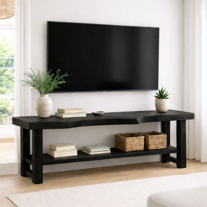 Live Edge Solid Wood TV Stand with Shelf – Rustic Walnut Media Console Table Kitchnce