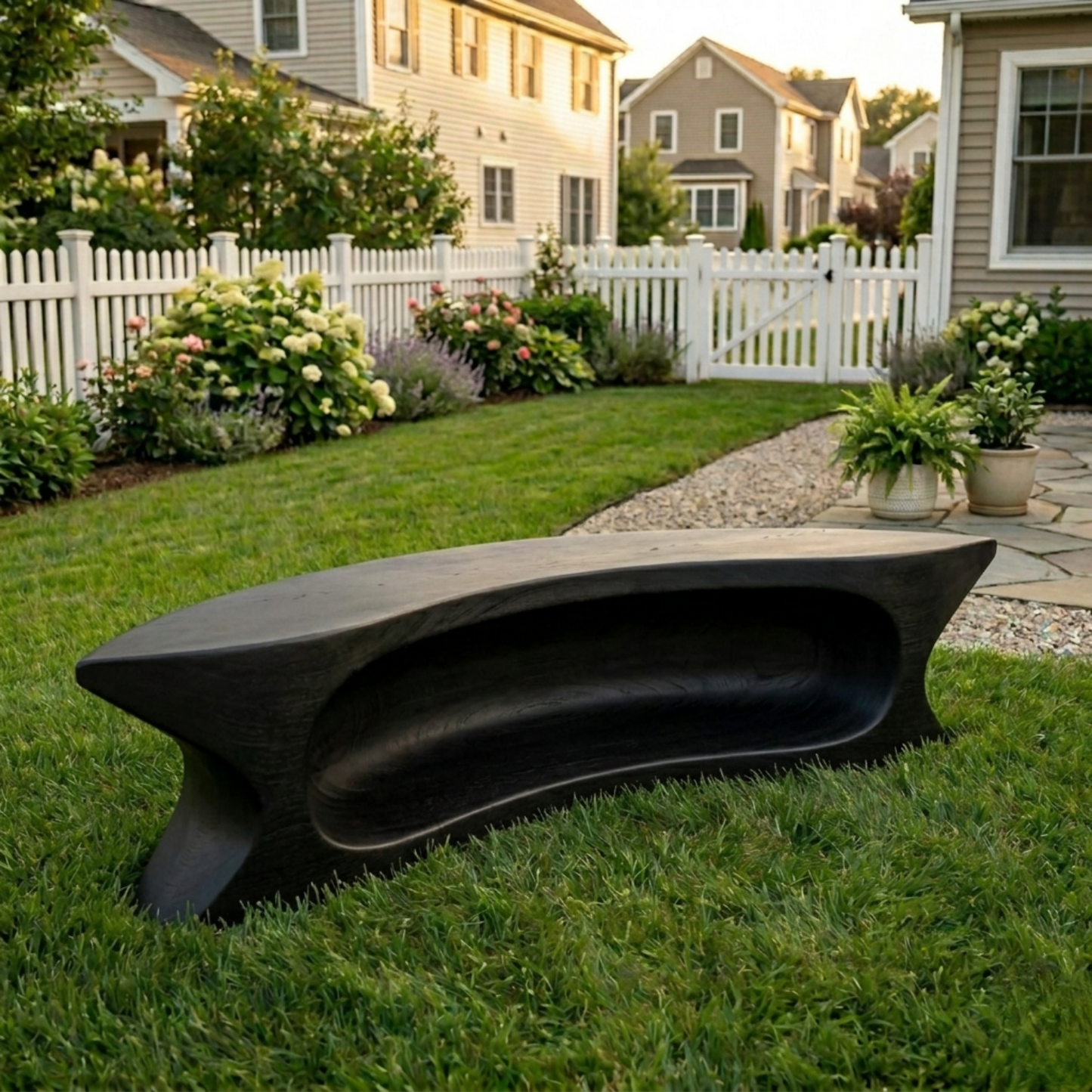 Solid Wood Outdoor Bench with Sculpted Hollow Base and Organic Curved Silhouette