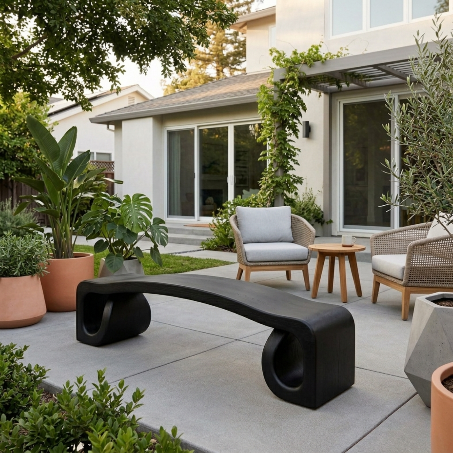 Solid Wood Outdoor Bench with Sculpted Wave Seat and Hollow Base Design
