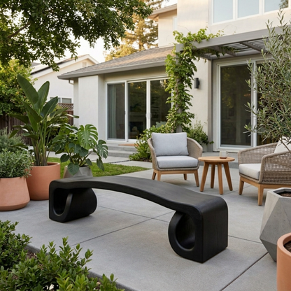Solid Wood Outdoor Bench with Sculpted Wave Seat and Hollow Base Design