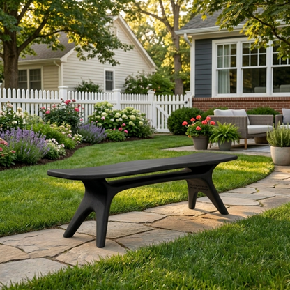 Solid Wood Outdoor Bench with Sculptural Tapered Legs and Floating Seat Design