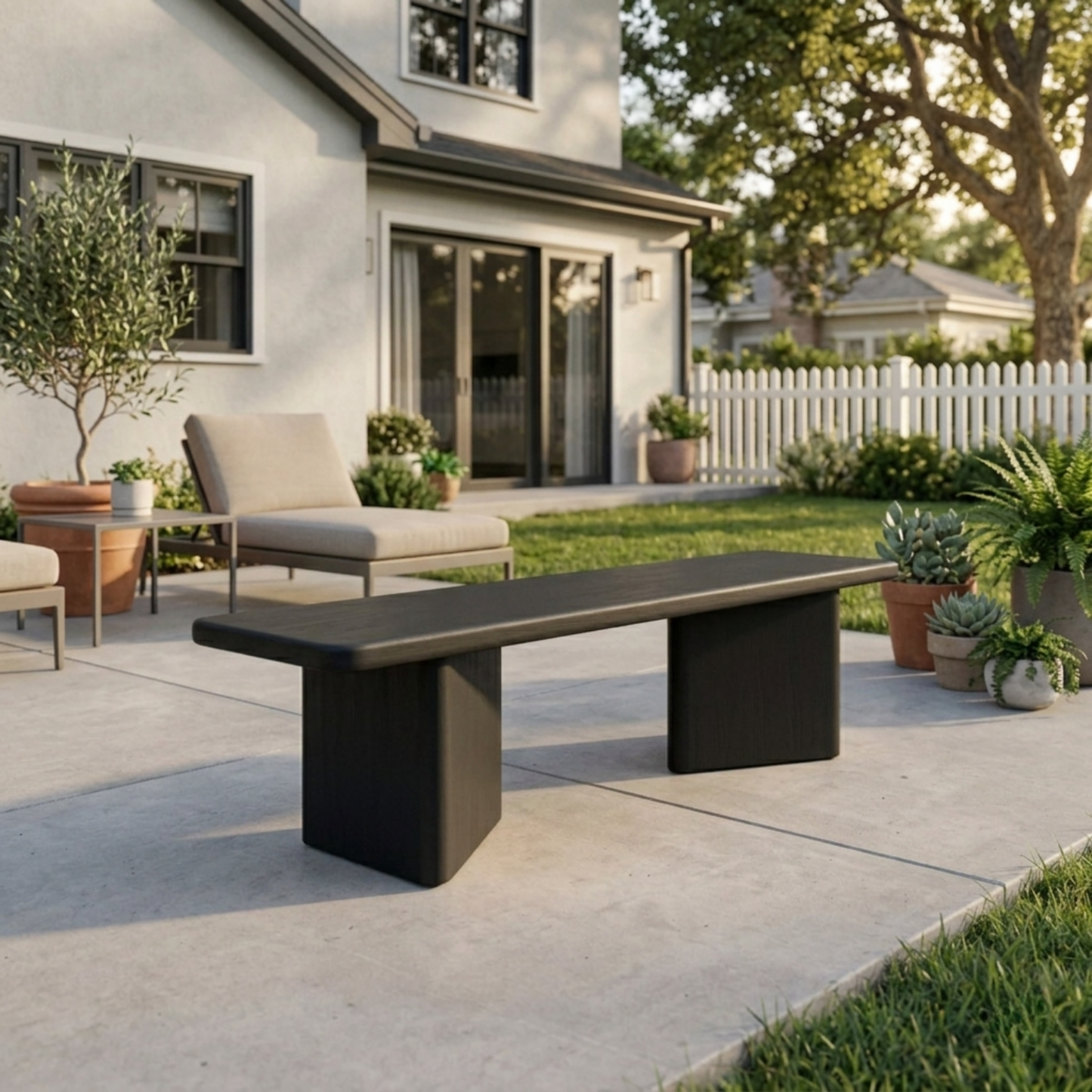 Solid Wood Outdoor Bench Minimalist Slab Seat with Block Leg Base Design