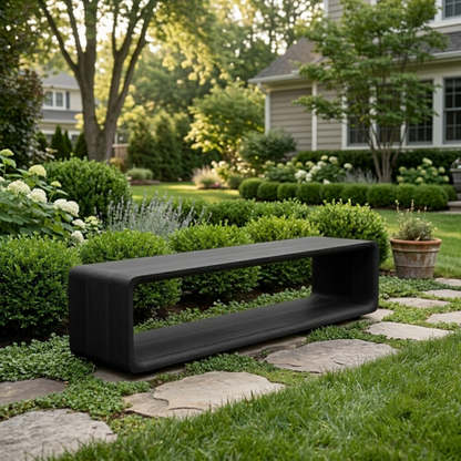 Solid Wood Outdoor Bench with Open Shelf Base and Rounded Waterfall Frame