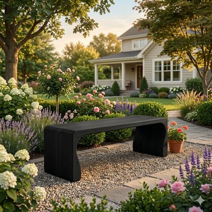 Solid Wood Outdoor Bench with Curved Waterfall Frame and Soft Rounded Edges