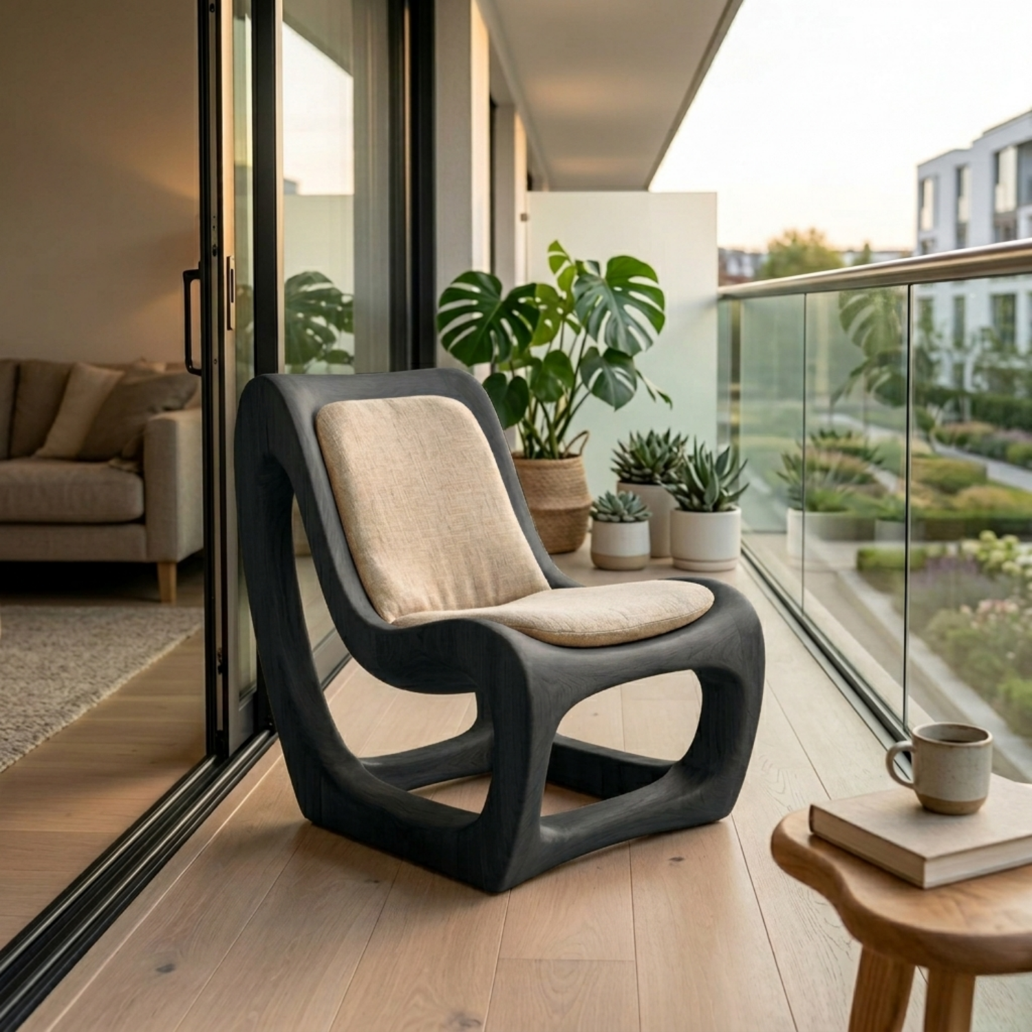 Handcrafted Solid Wood Lounge Chair – Sculptural Curved Base Accent Chair