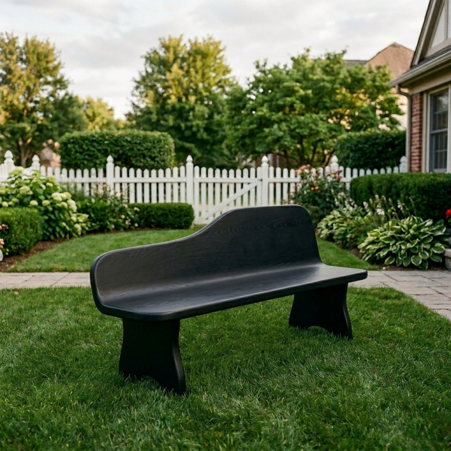 Solid Wood Outdoor Bench with Curved Backrest Sculptural Garden Patio Seating