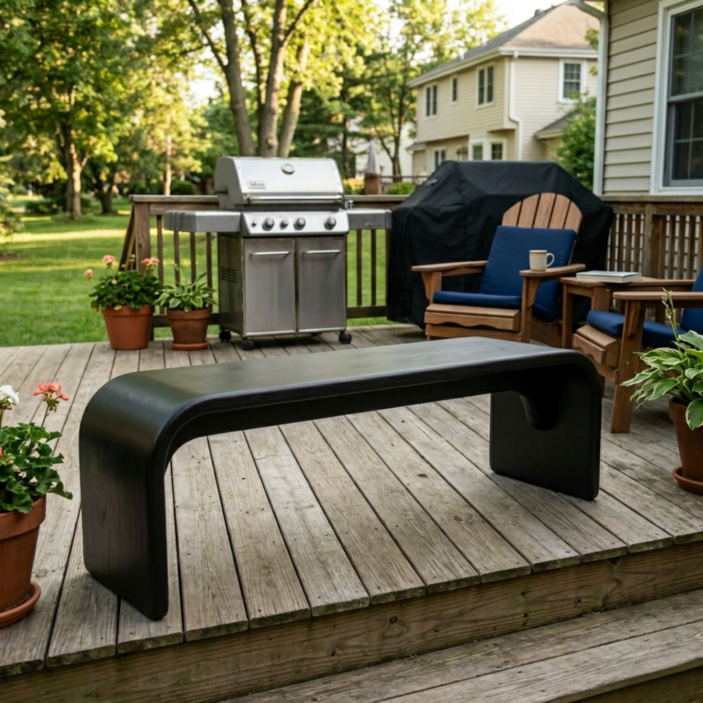 Solid Wood Outdoor Bench with Curved Waterfall Design and Minimalist Profile