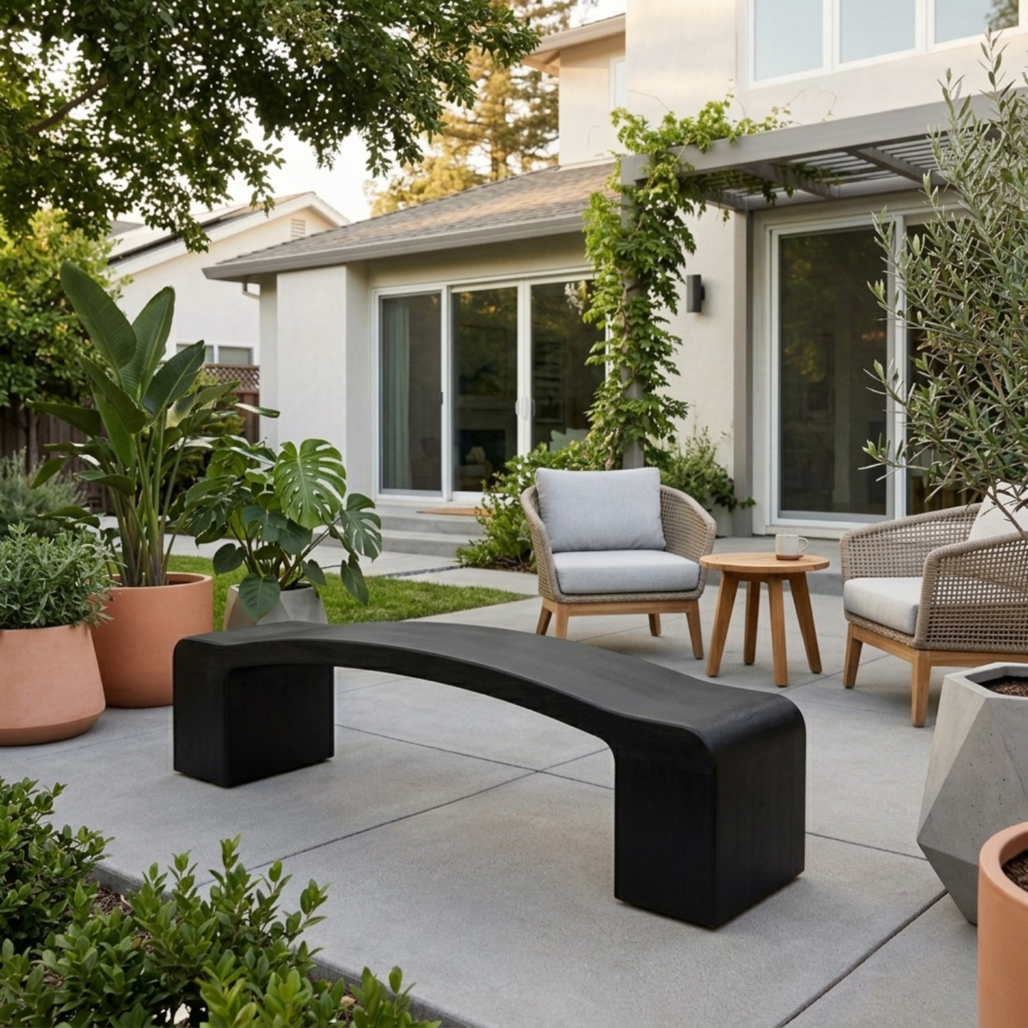 Solid Wood Outdoor Bench Curved Seat with Sculptural Block Legs Minimalist Design