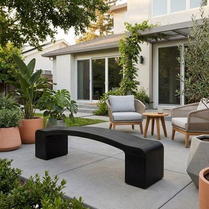 Solid Wood Outdoor Bench Curved Seat with Sculptural Block Legs Minimalist Design