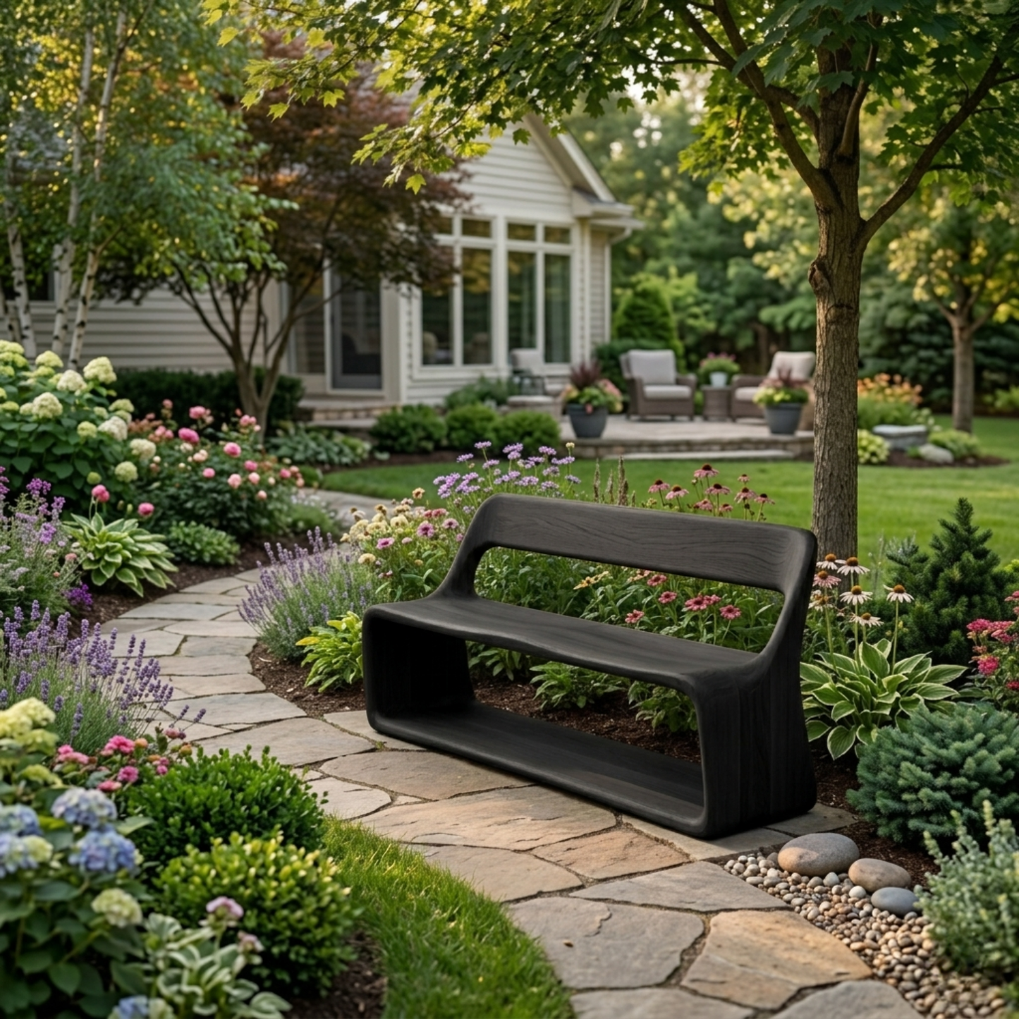 Solid Wood Outdoor Bench with Curved Backrest and Integrated Open Shelf Base
