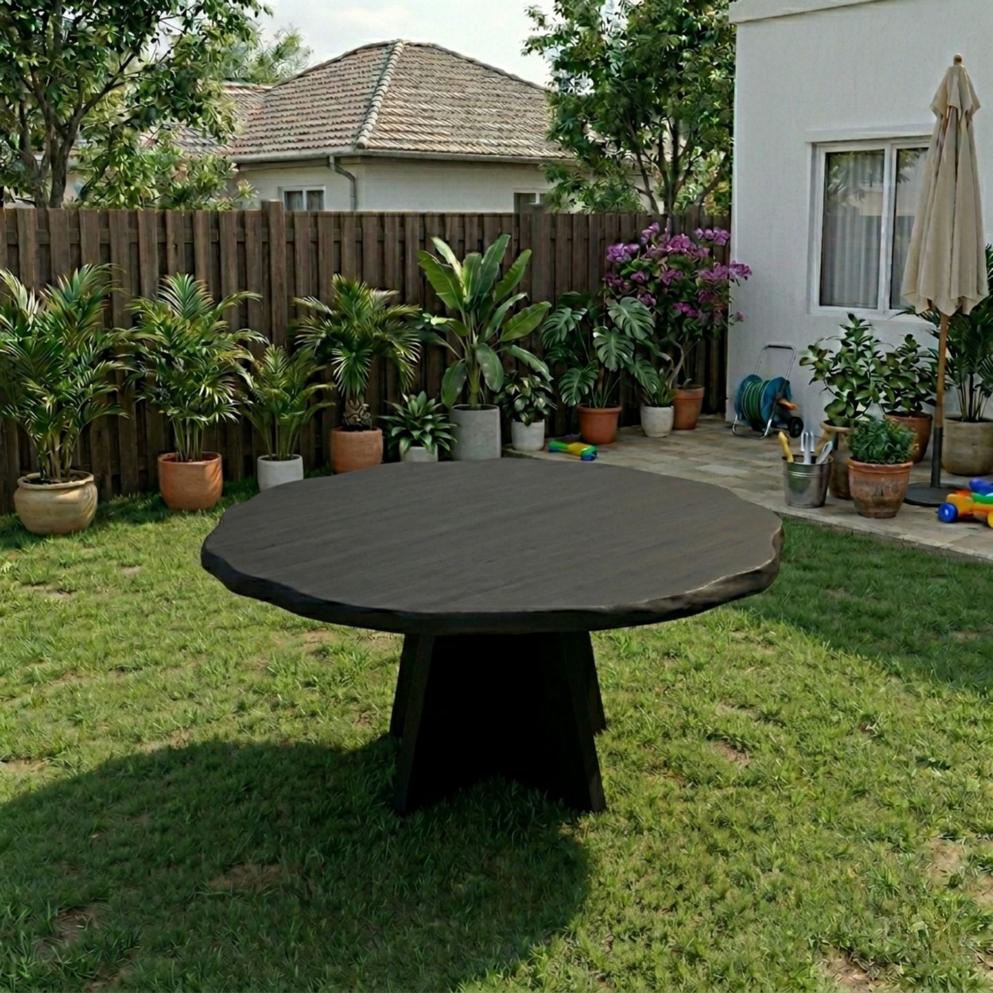 Round Live Edge Solid Wood Outdoor Dining Table with Sculptural Cross Pedestal Base