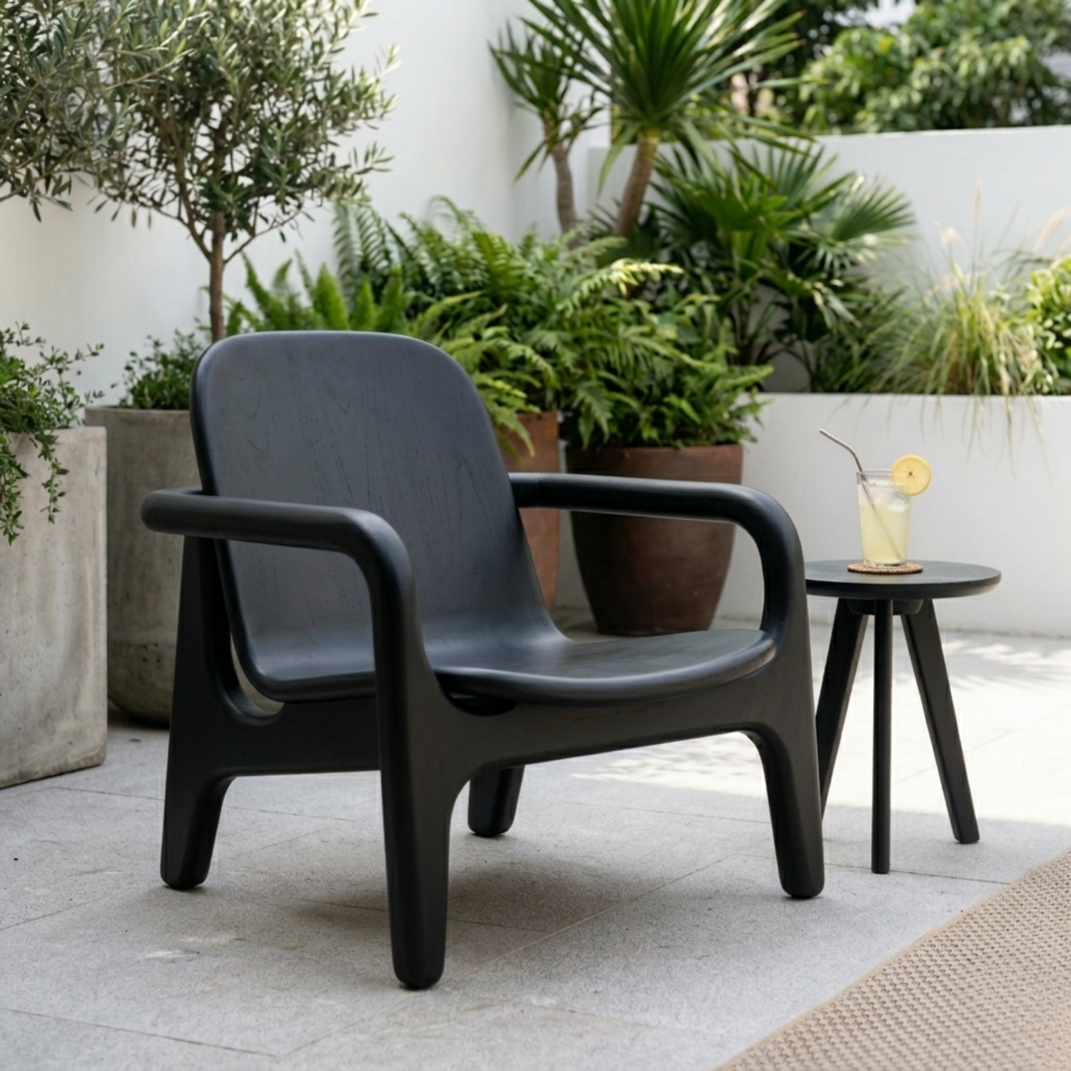 Curved Solid Wood Lounge Chair with Sculpted Armrests for Outdoor Patio