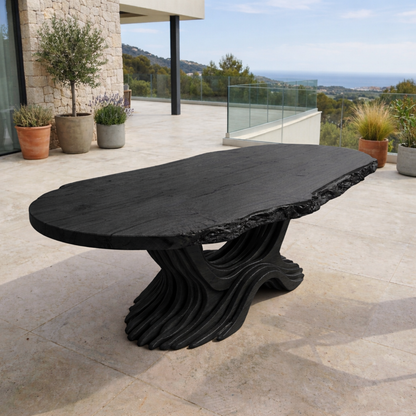 Live Edge Solid Wood Outdoor Dining Table with Sculptural Wave Pedestal Base