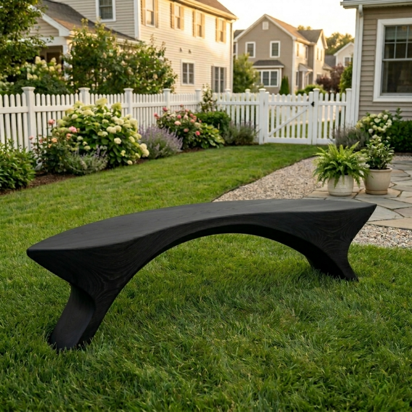 Solid Wood Outdoor Bench Sculptural Curved Design with Organic Arch Base