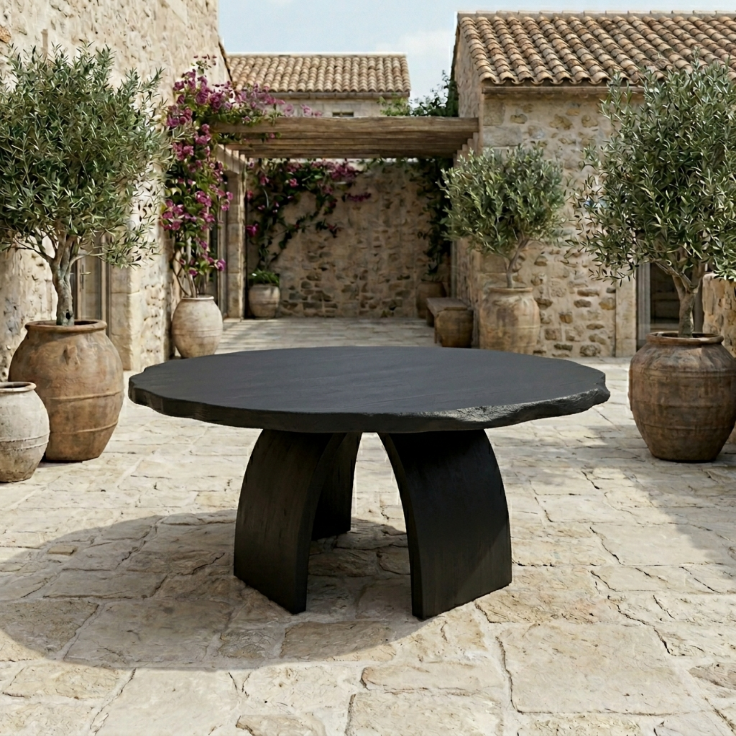 Round Live Edge Solid Wood Outdoor Dining Table with Curved Sculptural Pedestal Base