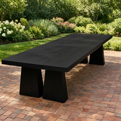Solid Wood Outdoor Dining Table Rectangular Top with Dual Pedestal Block Base