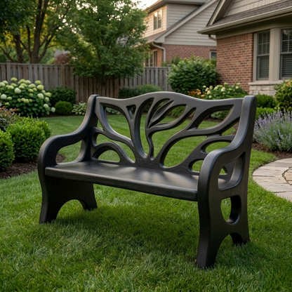 Solid Wood Outdoor Bench with Tree-Inspired Carved Backrest Garden Patio Seating