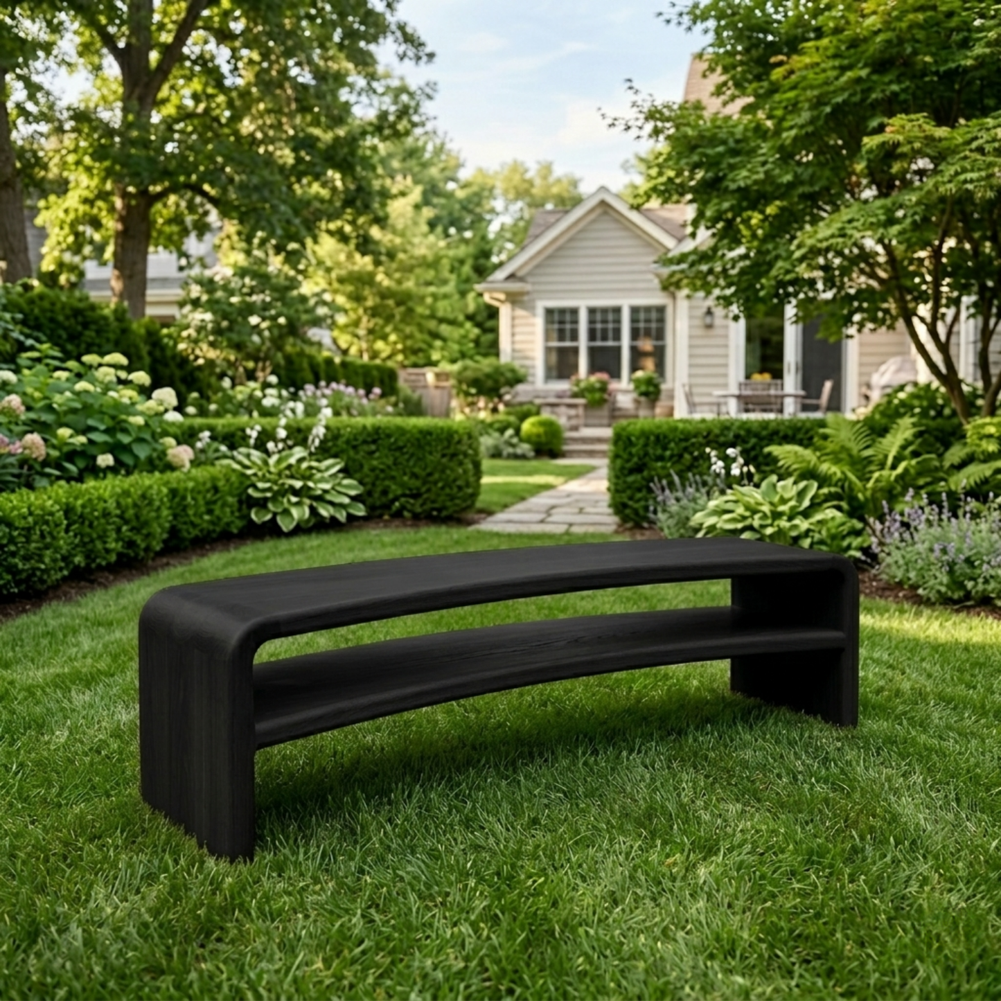 Solid Wood Outdoor Bench with Curved Waterfall Frame and Open Shelf Design