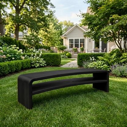 Solid Wood Outdoor Bench with Curved Waterfall Frame and Open Shelf Design