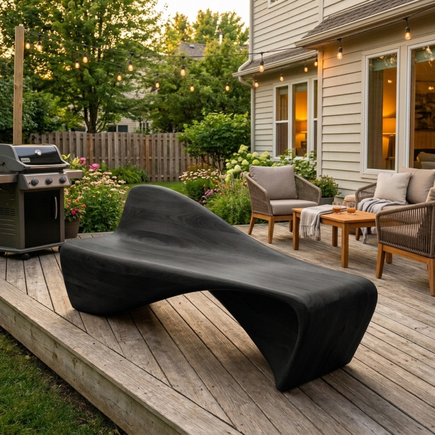Solid Wood Outdoor Bench Sculptural Lounge Style with Ergonomic Curved Seat