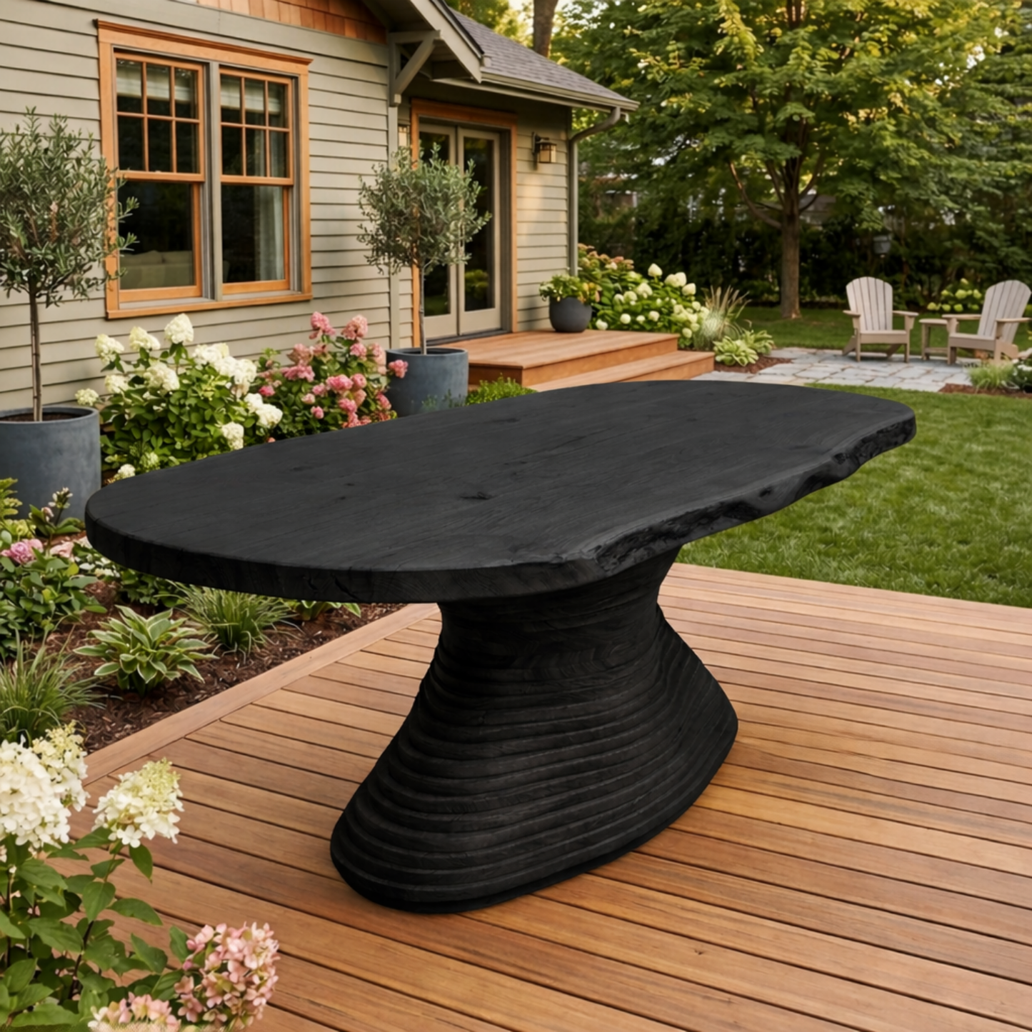 Live Edge Solid Wood Outdoor Dining Table with Sculptural Spiral Pedestal Base