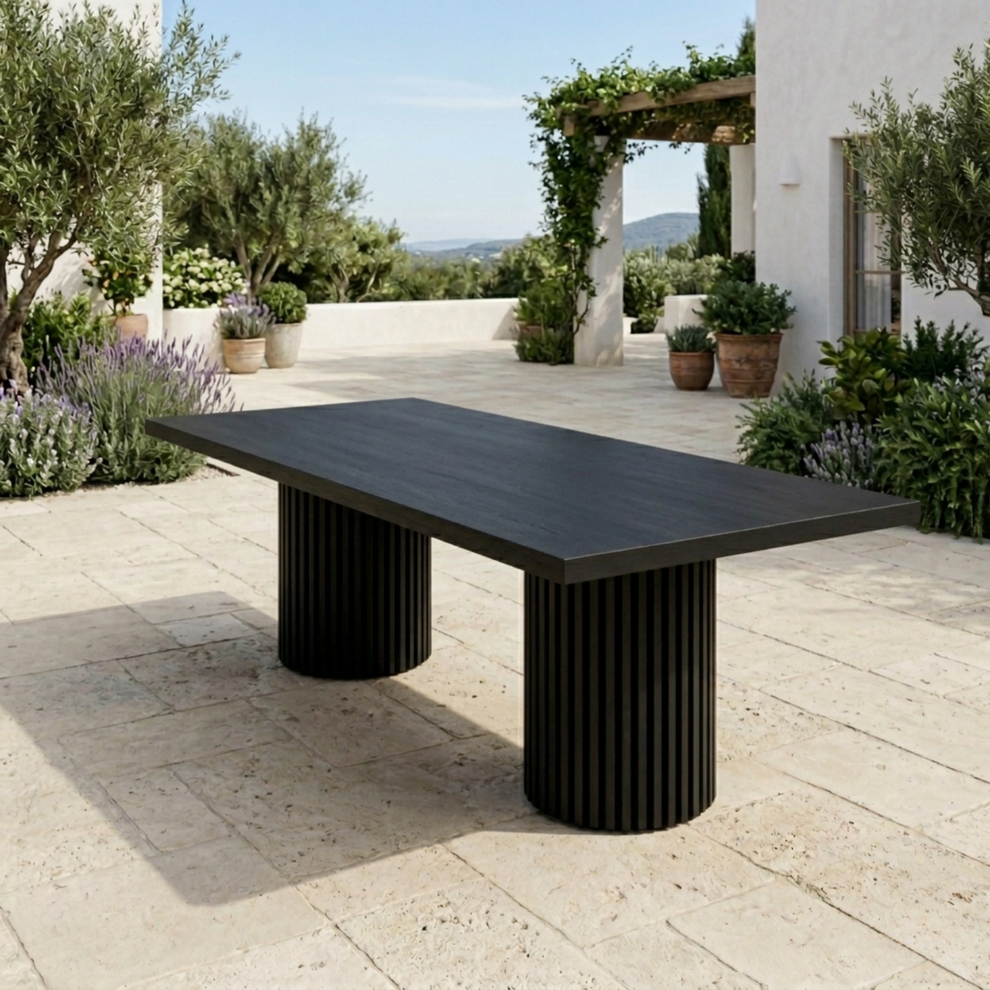 Rectangular Solid Wood Outdoor Dining Table with Fluted Pedestal Base
