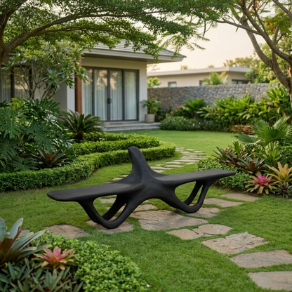 Solid Wood Outdoor Bench Sculptural Organic Form with Curved Flowing Base Design
