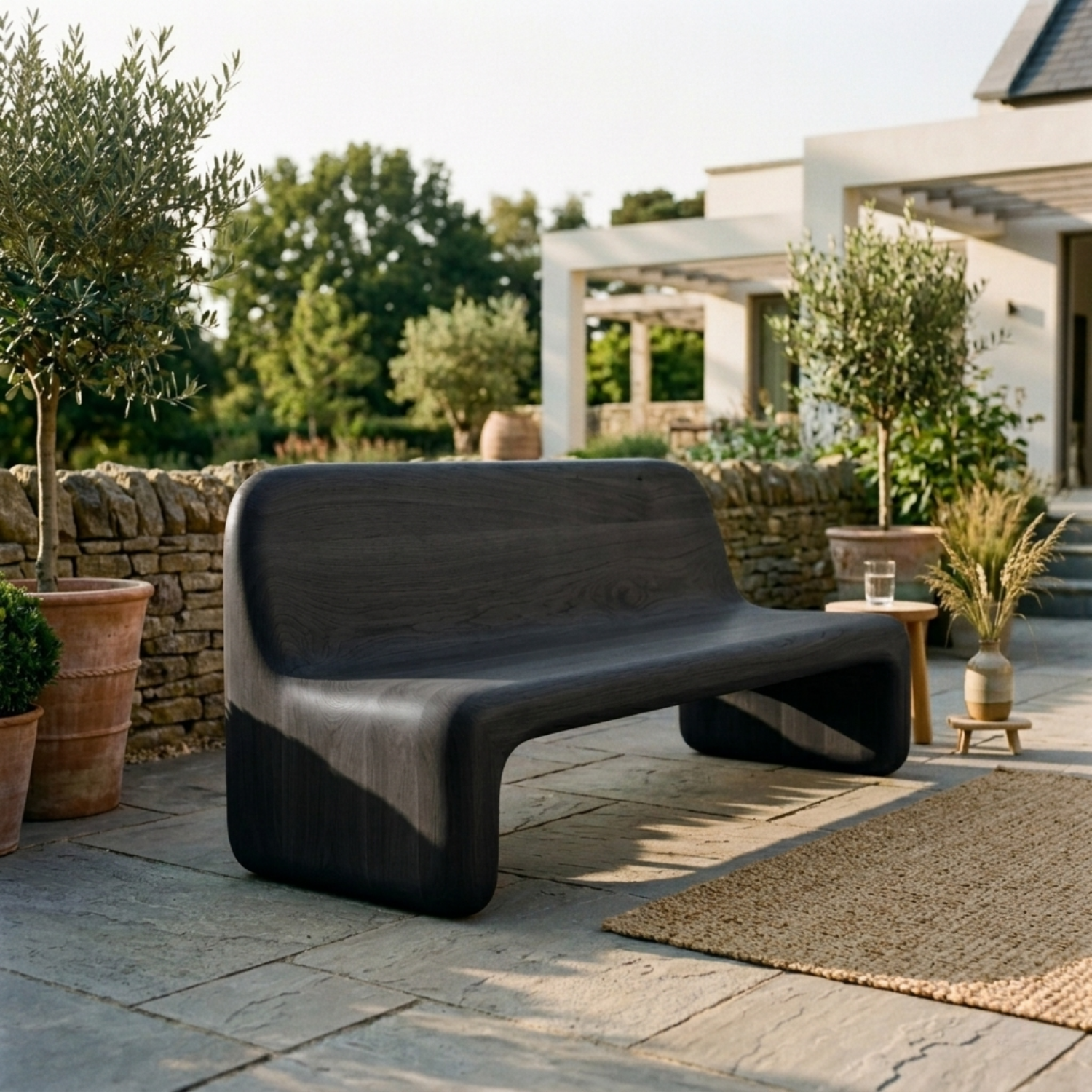 Handcrafted Solid Wood Outdoor Sofa – Sculptural Curved Patio Bench Seat