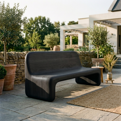 Handcrafted Solid Wood Outdoor Sofa – Sculptural Curved Patio Bench Seat