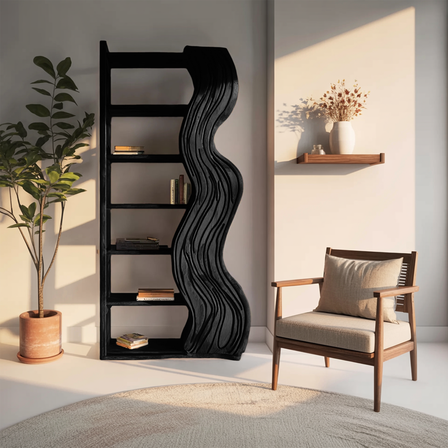 Modern Bookshelf With Wave Carved Side Panel For Office Kitchnce