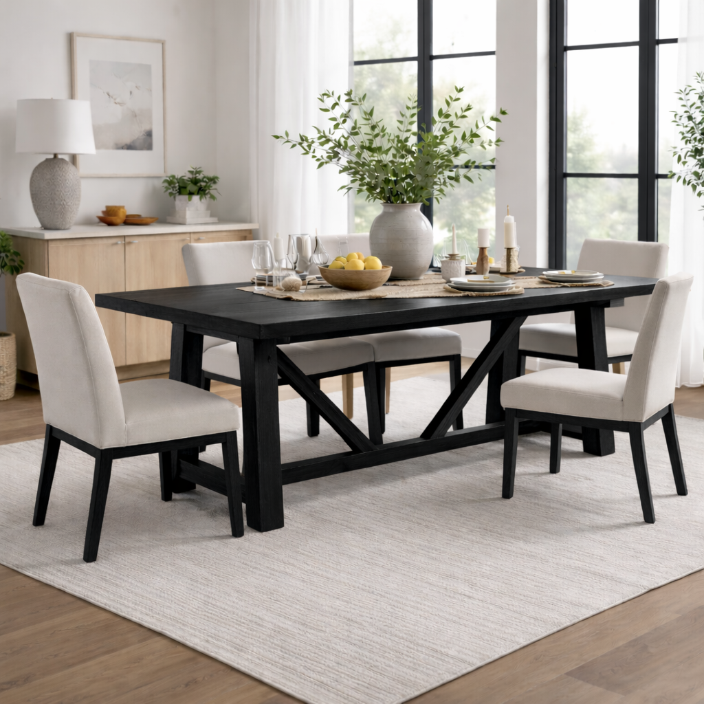 Solid Wood Dining Table with X Base Modern Farmhouse Style
