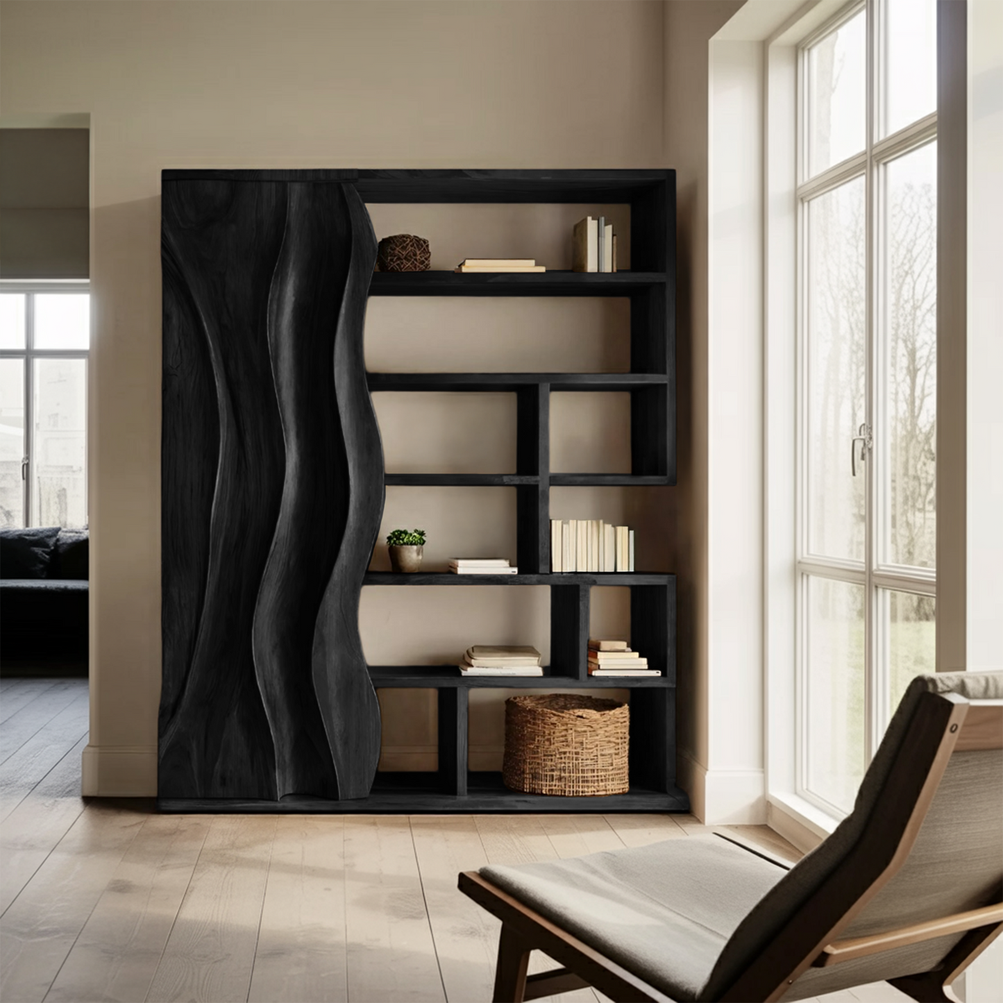Modern Bookshelf With Wave Door For Home Decor Kitchnce