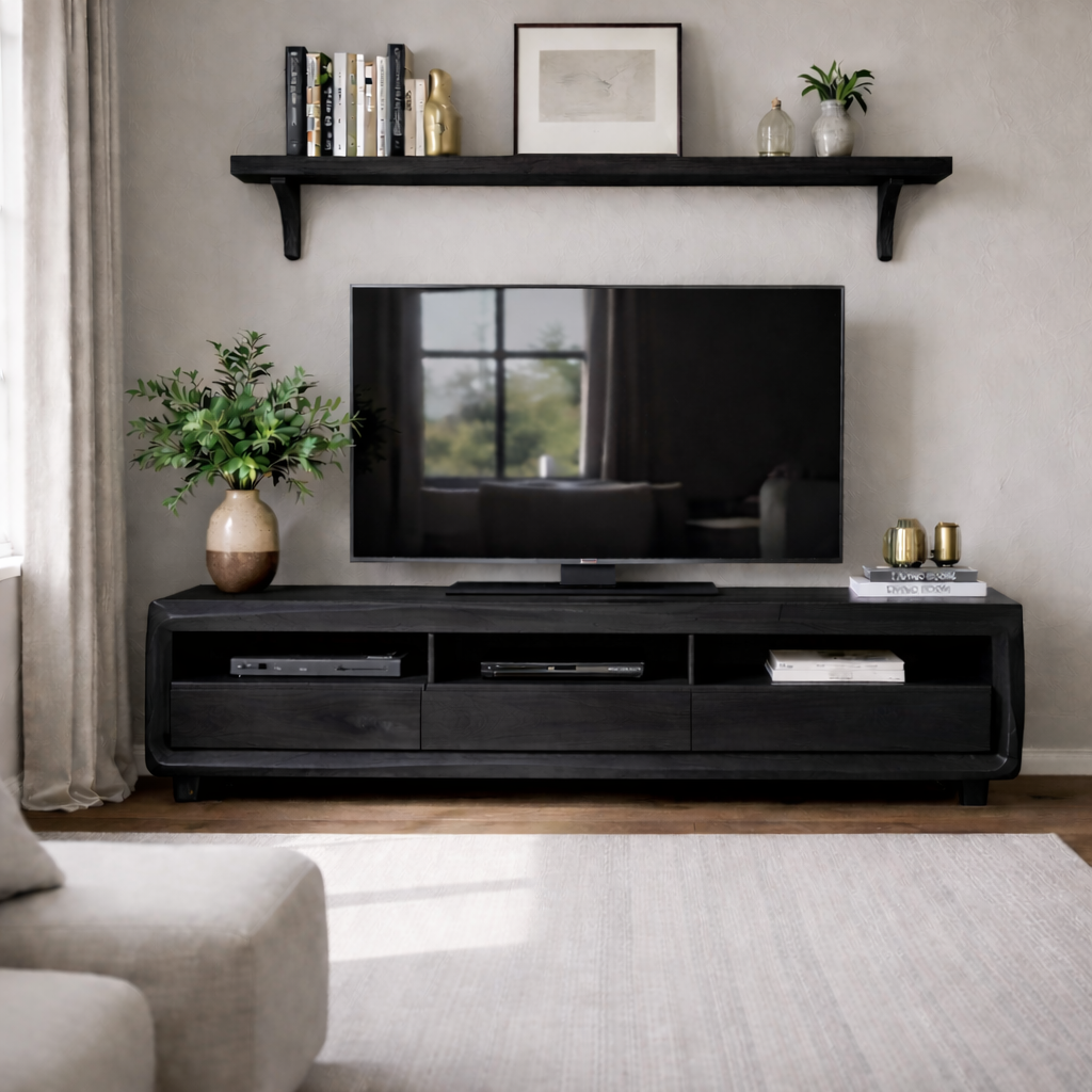Solid Wood TV Stand with Drawers and Open Shelf – Rustic Modern Wooden Media Console Kitchnce